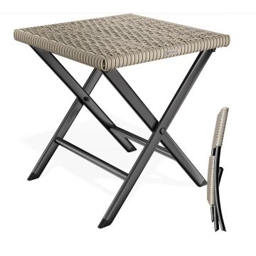 Polyrotan Klapkruk Creme – 3-in-1 Kruk, Voetenbank & Bijzettafel 43 x 40 x 44 cm