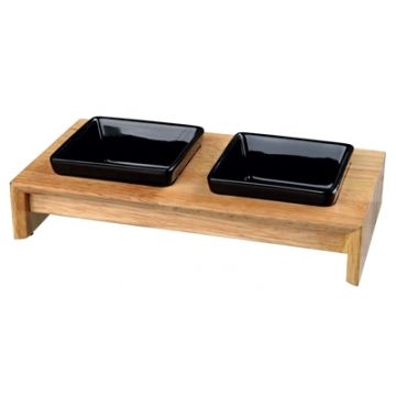 TRIXIE VOERSET KERAMIEK MET HOUTEN ONDERSTEL ZWART 200 ML 28X15X5 CM