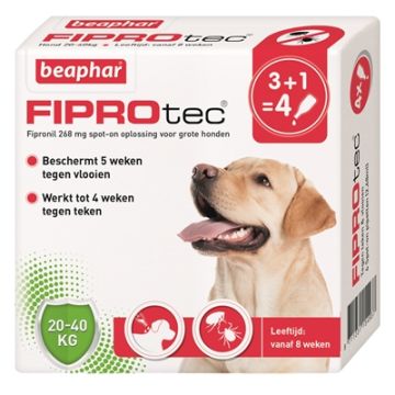 BEAPHAR FIPROTEC HOND TEGEN TEKEN EN VLOOIEN 20-40 KG 3+1 PIP