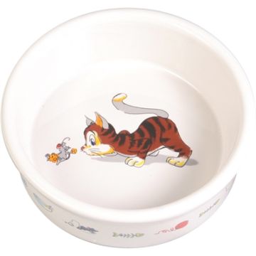 TRIXIE VOERBAK / WATERBAK STRIPKAT MET MUIS KERAMIEK WIT 12 CM 200 ML 4 ST