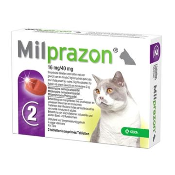 KRKA MILPRAZON ONTWORMINGSTABLETTEN KAT >2 KG 16 MG/40 MG 2 TBL