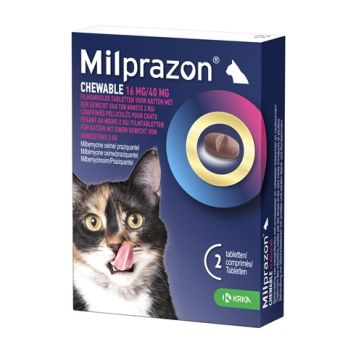 KRKA MILPRAZON KAUWTABLETTEN ONTWORMINGSTABLETTEN KAT >2 KG 16 MG/40 MG 2 TBL
