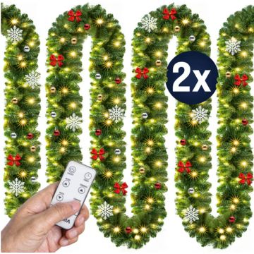 Kerstguirlande met decoratie , slinger, kerstslinger met afstandsbediening 5mtr 80xLED -in/outdoor set 2 stuks