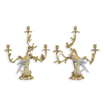 A PAIR BRONZE MOUNTED PORCELAIN PARROT CANDLE HOLDER
