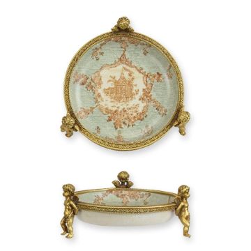 A BRASS MOUNTED PORCELAIN DISH