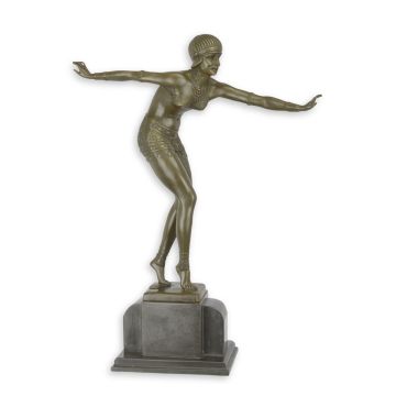 BRONZEN SCULPTUUR VAN EEN DANSENDE VROUW OP MARMEREN BASEMENT