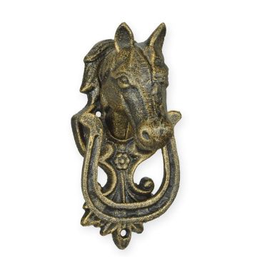A CAST IRON HORSE HEAD DOOR KNOCKER, BRONZE COLOR