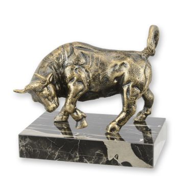 A CAST IRON BULL ON MARBLE BASE