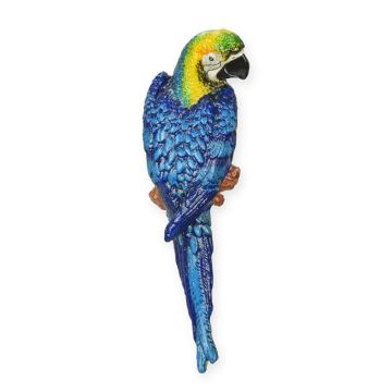A CAST IRON WALL MOUNT BLUE AND YELLOW MACAW