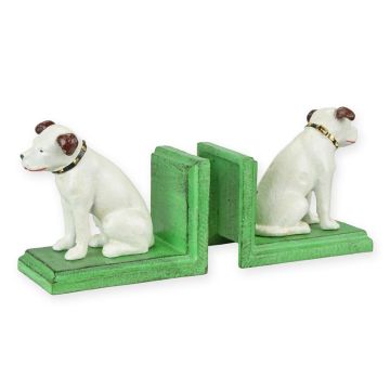 A PAIR OF CAST IRON NIPPER DOG BOOKENDS, GREEN BASE