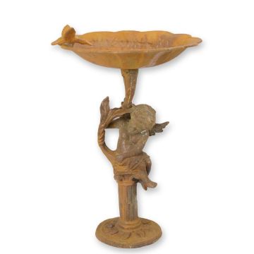 A RUSTY CAST IRON PUTTO BIRD BATH ON STAND
