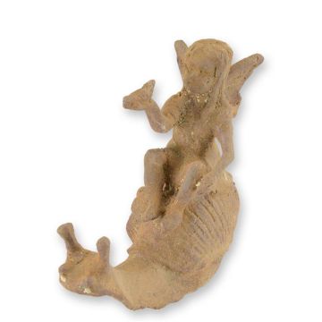 A RUSTY CAST IRON FIGURINE OF A FAIRY RIDING A SNAIL