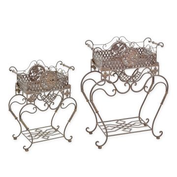 A PAIR OF IRON PLANTERS ON STAND