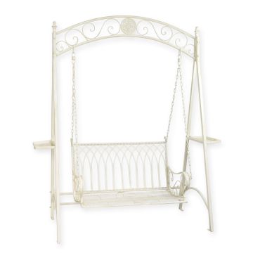 A TWO-SEAT WHITE IRON SWINGBENCH