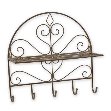 AN WALL MOUNT IRON FOLDABLE SHELF WITH HOOKS, BROWN