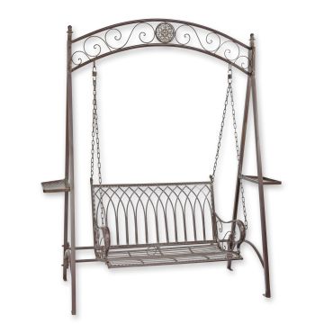 A TWO-SEAT BROWN IRON SWINGBENCH