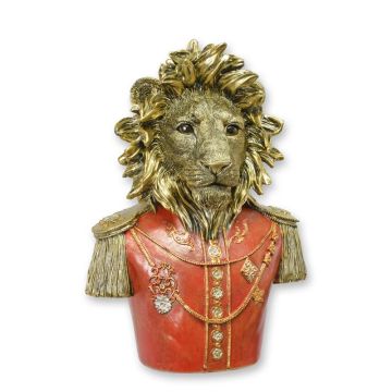 A RESIN BUST OF A DRESSED LION