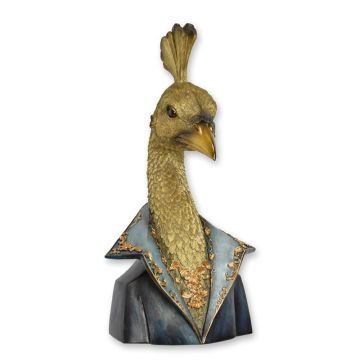 A RESIN BUST OF A DRESSED PEACOCK