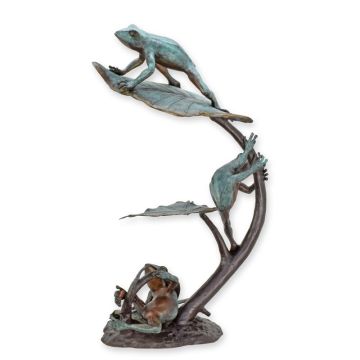A BRONZE SCULPTURE OF A FROG WITH THREE LOTUS LEAF