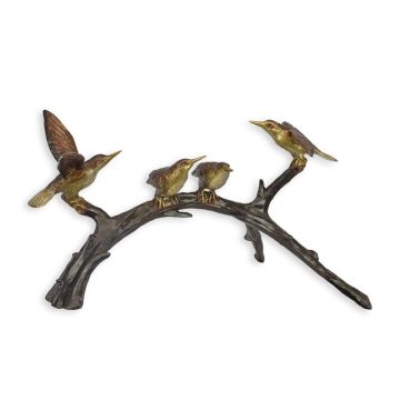 A BRONZE SCULPTURE OF FOUR HUMMINGBIRDS ON A BRANCH