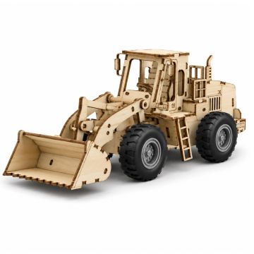 C.M. Bulldozer Voorlader met Pull-Back Mechanisme Houten DIY Bouwvoertuig Modelbouw