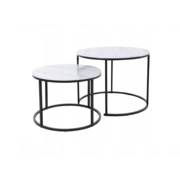 Bijzettafel Salontafel metalen Frame - Tafelblad in mat witte marmerlook - set 2 stuks