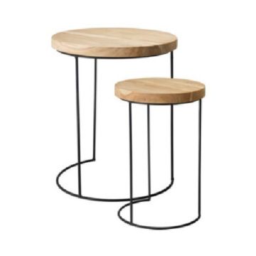 Bijzettafel Salontafel metalen Frame - Tafelblad teak - set 2 stuks