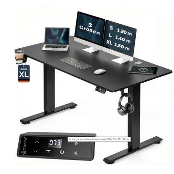 In hoogte verstelbaar bureau zwart 160x75x72-117cm