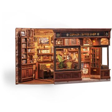 CuteBee Miniatuurhuisje Corner Coffee Shop – Houten 3D Puzzel DIY Bouwpakket voor Volwassenen Modelbouw