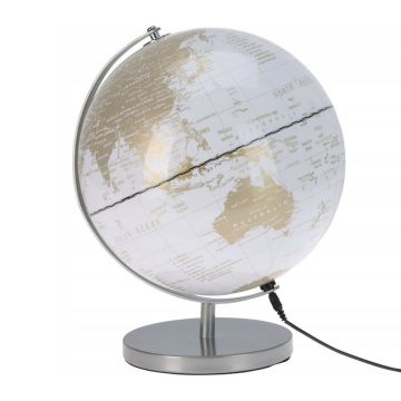 Globe Wereldbol 31 cm op zilveren ijzeren voet - warm wit LED licht
