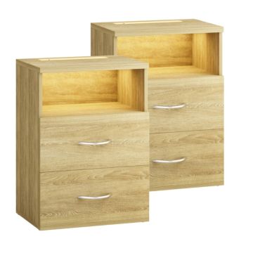 Nachtkastje Jamie LED-verlichting Set van 2 Eikenkleur 55x40x28cm