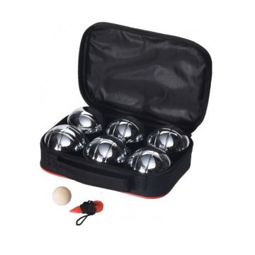 Jeu de boules met 6 metalen ballen , houten but, meetpin en draagtas
