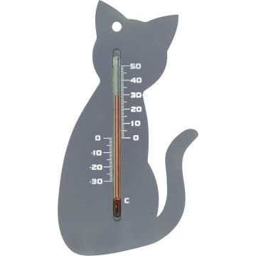 Kunststof Muurthermometer 15cm Grijze Kat voor Binnen en Buiten