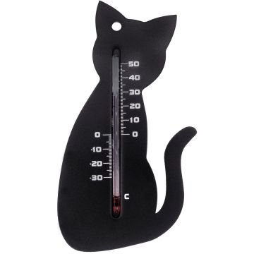 Kunststof Muurthermometer 15cm Zwarte Kat voor Binnen en Buiten