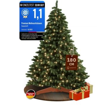 Premium kunstkerstboom 180 cm met lichtsnoer en houten standaard FSC®