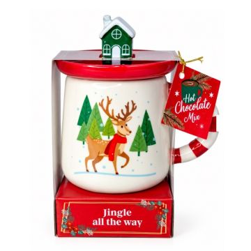 Kerstmok Rendier Jingle All The Way, Deksel en Chocolademix met marshmallows 45 g