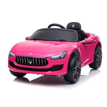 Maserati Ghibli, 12v elektrische kinderauto, rubberen banden, leder zitje roze.