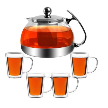 Theepot incl 4 Theeglazen Glas 1,2L met RVS Filter