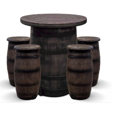 Barrel-set bestaande uit 1 wijnvat-statafel + 4 barkrukken | Houtlook & onderhoudsvrij kunststof