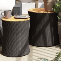  Tuinbijzettafels 2 st met houten blad poly rattan zwart