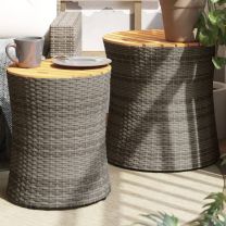  Tuinbijzettafels 2 st met houten blad poly rattan grijs