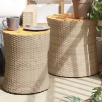  Tuinbijzettafels 2 st met houten blad poly rattan beige