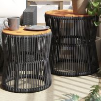  Tuinbijzettafels 2 st met houten blad poly rattan zwart