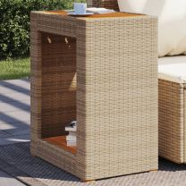  Tuinbijzettafel met houten blad 60x40x75 cm poly rattan beige