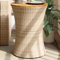  Tuinbijzettafel trommelvormig poly rattan en massief hout beige