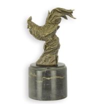 A BRONZE SCULPTURE OF A SMALL ROOSTER ON A BLACK MARBLE BASE