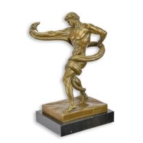 A BRONZE SCULPTURE OF AN ATHLETE WRESTLING A PYTHON