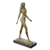 A BRONZE SCULPTURE A FEMALE NUDE WALKING