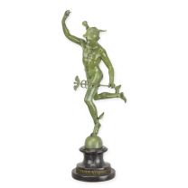 A BRONZE SCULPTURE OF A GREEN HERMES