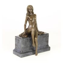 A BRONZE SCULPTURE OF A SEMI NUDE FEMALE